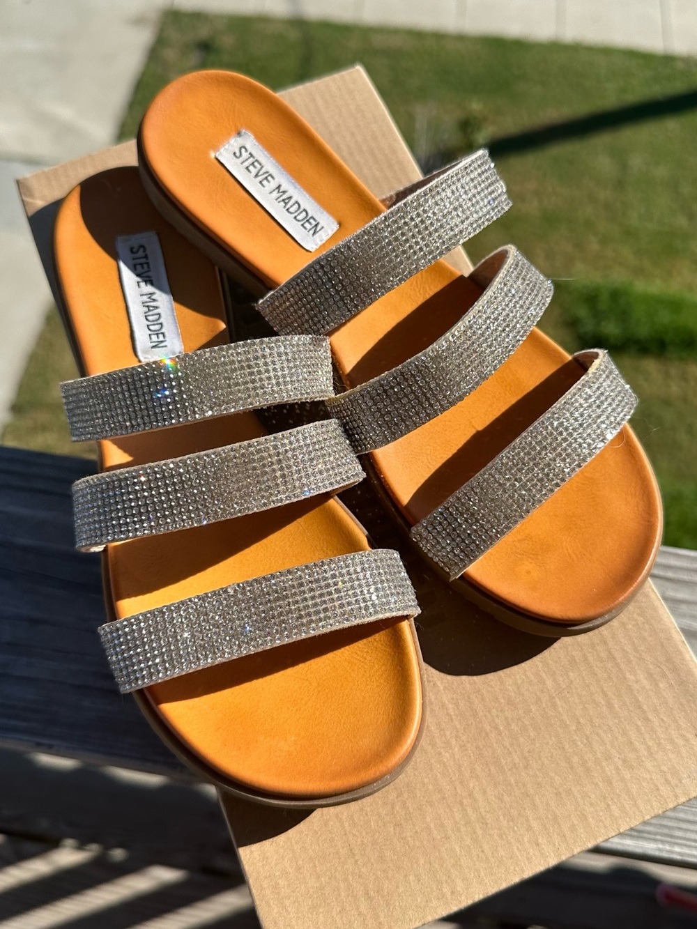 Steve Madden Crystal Triple-Strap Slide Sandal in Tan and Silver